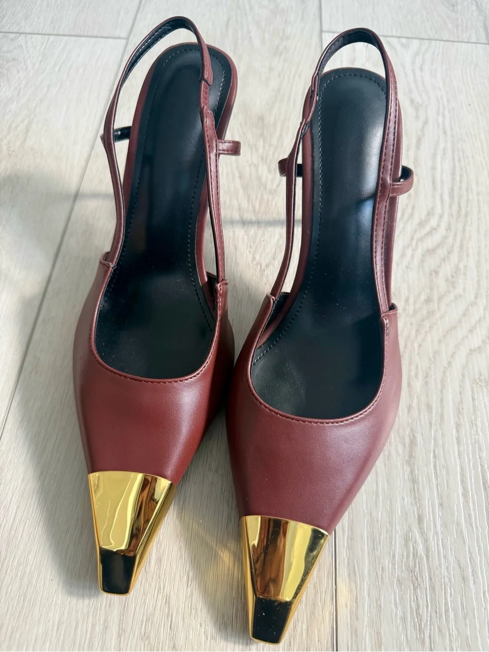 Women’s Brown Slingback Pumps with Gold Cap Toe